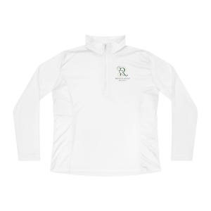 May include: White long-sleeved athletic top with a quarter-zip collar. The top features a small logo on the chest with the text "REGULATED RICHES" in green. The material appears to be lightweight and suitable for exercise or casual wear.