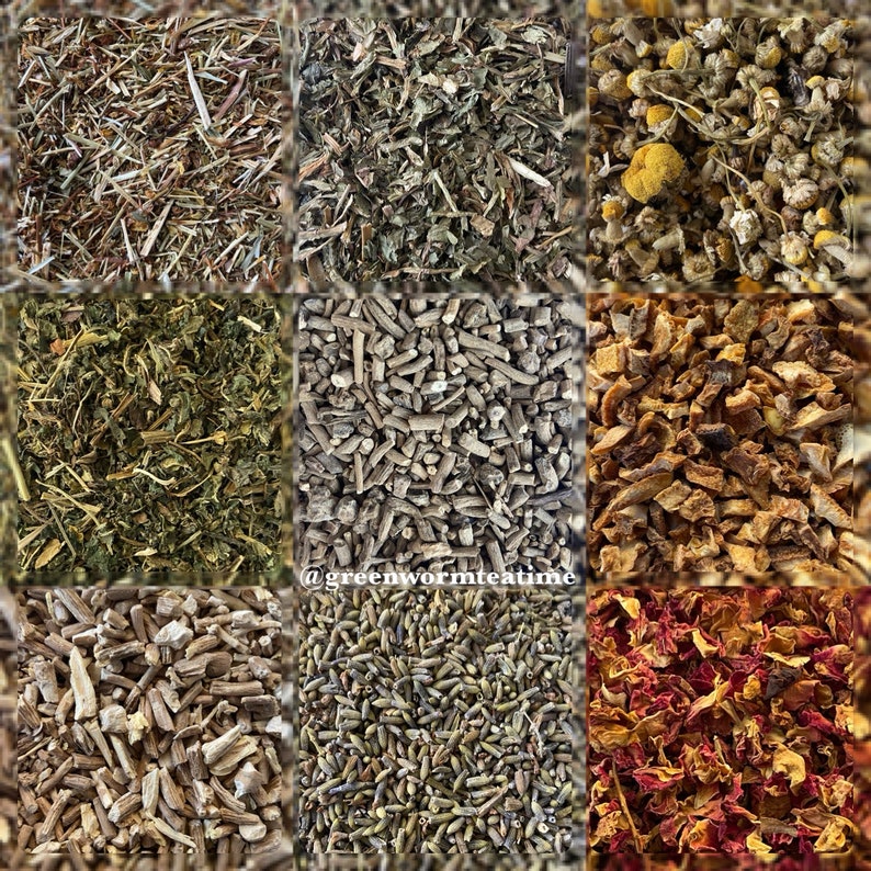 Puede incluir: Un collage de nueve tipos diferentes de hierbas y flores secas, incluyendo manzanilla, lavanda y p&eacute;talos de rosa. Las hierbas est&aacute;n dispuestas en una cuadr&iacute;cula, con cada cuadrado mostrando un tipo diferente de hierba. Las hierbas son de varios colores, incluyendo verde, marr&oacute;n, amarillo y rojo.