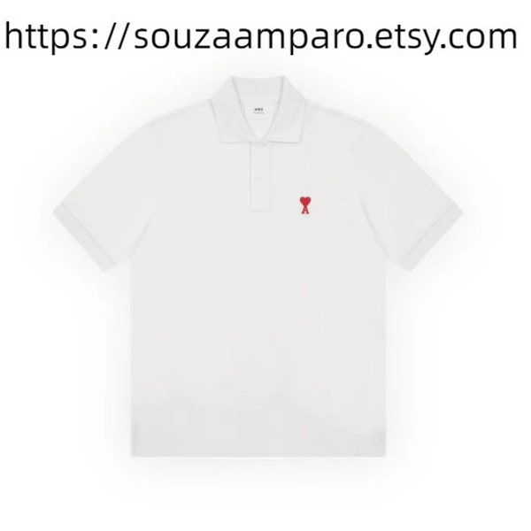 AM* PARI* unisex T-shirt, simple pure cotton white T-shirt, couple T-shirt, red heart pattern, retro sports Paris Y2kV collar white T-shirt.