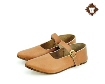 Westland Crafts, médiévale Renaissance, sangle à boucle, fabriquées à la main, chaussures en cuir du XVe siècle pour femmes, tenue historique authentique