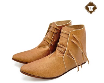 14th Century Side Laced Medieval Ankle Reenactment handcrafted leather Shoes - SCA LARP Costume