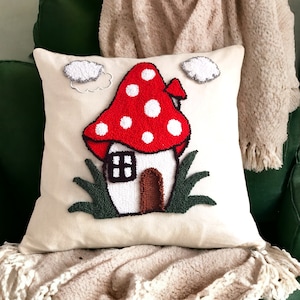 Whimsical Mushroom House Punch Needle Pillow Cover – Linen Cottagecore Cushion