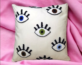 Personalized Evil Eye Throw Pillow, Custom Embroidered Decorative Pillow, Punch Needle Pillow Covers, Mother's Day Gift, Gift For Mom