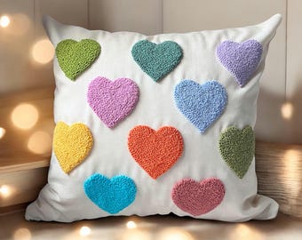 Heart Punch Needle Pillow Cover, Colorful Linen Cushion, Cozy Cottagecore Decor, Handmade Textured Pillow
