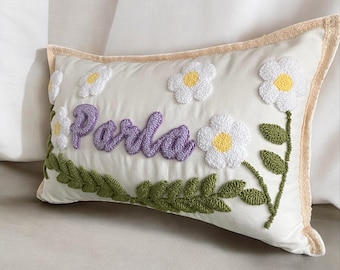 Personalized Baby Name Pillow Cover, Linen Lace Nursery Cushion, Custom Name
