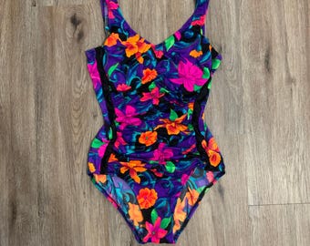 Costume da bagno intero vintage anni '80 Maxine of Hollywood con stampa floreale - taglia 14 - USA