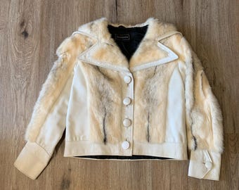 Giacca vintage anni '70 Derbers in pelliccia di coniglio africano con finiture in pelle, taglia piccola, da donna