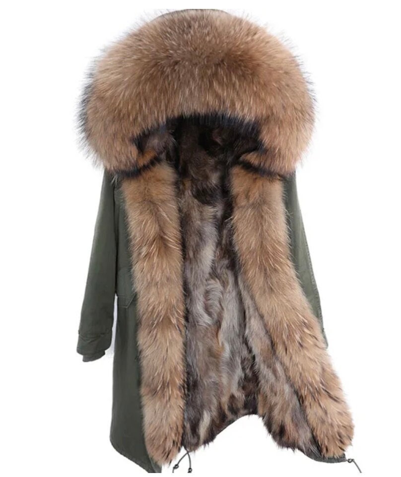Warm Winter Coat Rabbit and Fox Fur Parka Army Green With Natural Fur ...