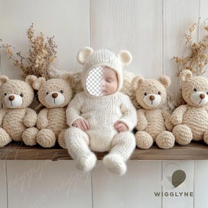 Teddy Bear Face Insert Digital Backdrop - Neutral Baby Photography Prop, Newborn Digital Face Replace Backdrop, PSD Files