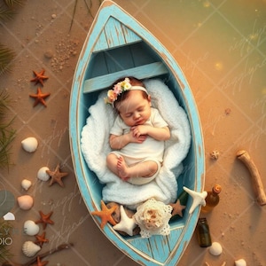 Newborn Photo Backdrop | Dreamy Boat on Water | Coastal Baby Prop | Newborn Digital Backdrop |  Newborn Background | Composite