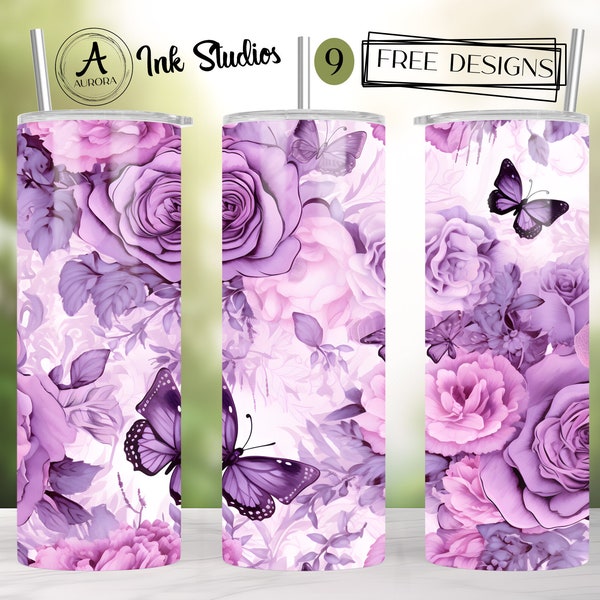 Pink and Purple Butterfly Tumbler Wrap, 20oz Skinny Tumbler Sublimation, Seamless Straight Wrap,, Seamless Wrap,  Digital Download, PNG Wrap