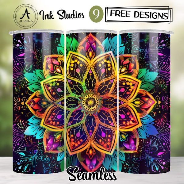 Vibrant Colorful Mandala Tumbler Wrap, Neon Mandala, 20oz Skinny Tumbler Sublimation, Straight Tapered Wrap, Seamless Wrap, PNG Tumbler Wrap