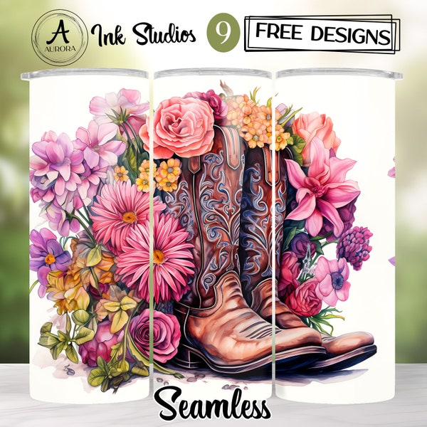 Cowboy Wrap, Boho Cowgirl PNG, Cowboy Boot Hat Flowers Cactus 20oz Skinny Tumbler Sublimation, Seamless Straight Tapered Tumbler Wrap PNG