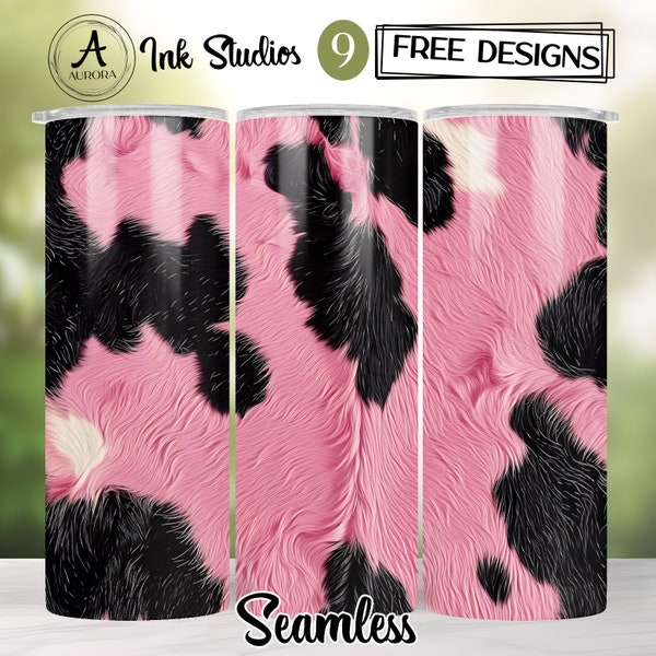 Seamless Cow Hide Tumbler Wrap, Pink and Black Cowhide Tumbler Wrap, 20oz Skinny Tumbler Sublimation, Straight Tapered, PNG Tumbler Wrap