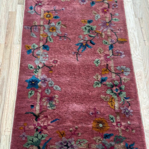 Vintage Art Deco Chinese Rugs - a pair, rare to find. Dusty Rose Floral Motif Great Condition