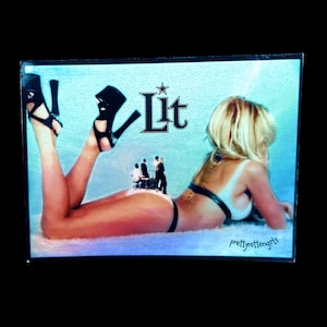 May include: Rectangular image with a light blue background featuring a woman in a white bra and black bikini bottoms, wearing black high heels. The word "Lit" is in the upper right corner. The text "prettyrottengirls" is in the lower right corner.