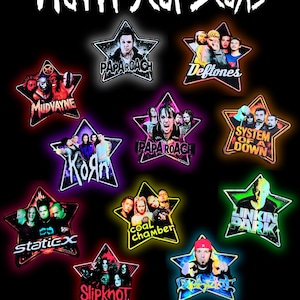 May include: A collection of star-shaped patches featuring various nu-metal bands, including Papa Roach, Deftones, Mudvayne, Korn, System of a Down, Static-X, Coal Chamber, Linkin Park, and Slipknot. The patches have a black background with neon-colored outlines and band names.