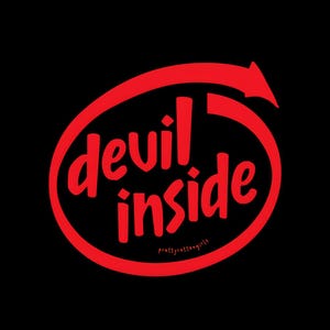 Op de afbeelding: Rode tekst "devil inside" op een zwarte achtergrond, in een rood ovaal met een pijl. De tekst "prettyrottengirls" staat eronder.