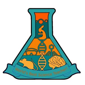 Peut inclure: Graphique sur le thème de la science en teal et orange, en forme de fiole avec un microscope, une chaîne d'ADN, une souris et un cerveau. Le texte "World's Best Science Teacher!" est sur une bannière teal.