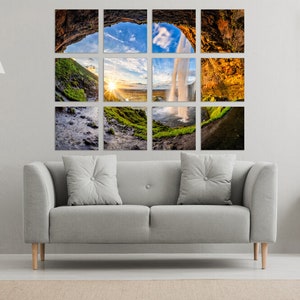 May include: A split-level photo collage of a waterfall cascading through a rock formation. The photo is framed by a natural archway and features a bright blue sky and lush green foliage.