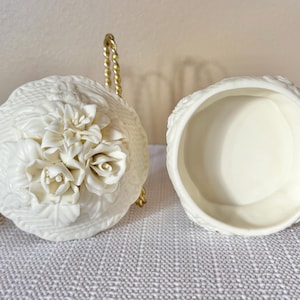 White Porcelain Carved Vintage Trinket Dish w/ Intricate Floral Carved Lid