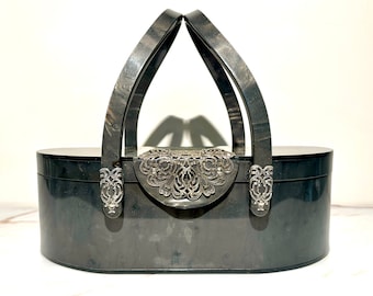 Vintage 1950's Wilardy Lucite Purse Black Marble Pattern Silver