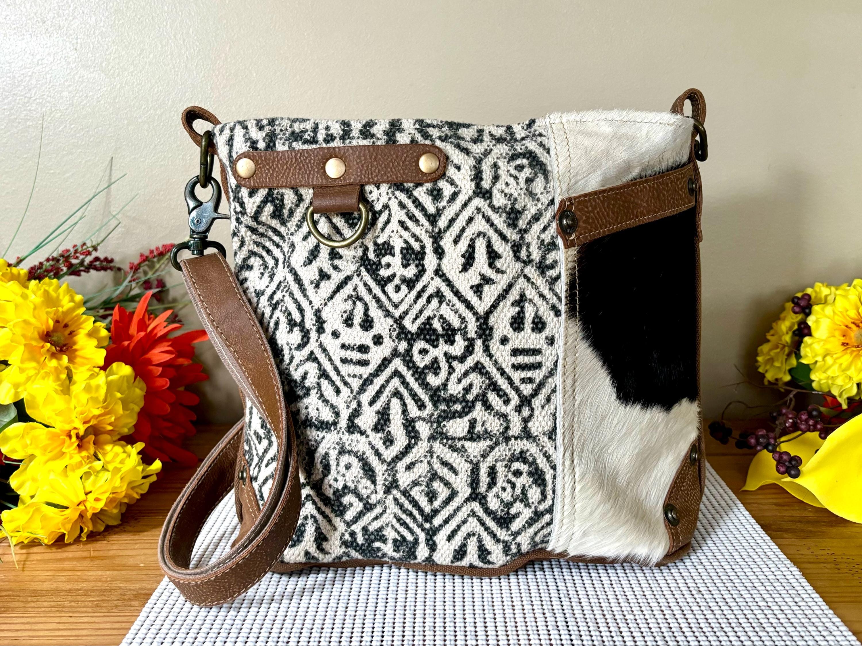 Myra Bag Vintage Handmade Tooled Leather, Cowhide & Cotton