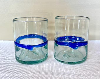 Handblown Vintage Set of (2) Blue Rocks Glasses
