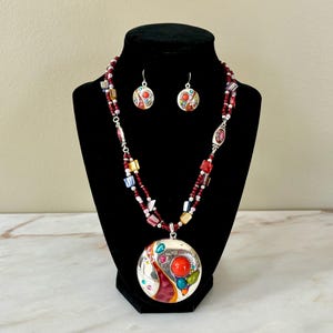 Handmade Vintage Abstract Metal and Bead Pendant Necklace Set