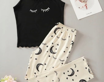 Women’s 2pcs Cartoon Eye Graphic Print Pyjamas Set