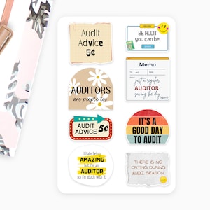 May include: A collection of colorful stickers with various text designs related to auditing. The stickers feature phrases like "Audit Advice 5¢", "Auditors are people too", and "It's a good day to audit". The designs include retro and modern styles.