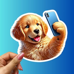 Adorable and Realistic Golden Retriever Puppy Taking A Selfie Vinyl Sticker - Perfect Dog Lovers Gift for Laptops, Water Bottles, and More!