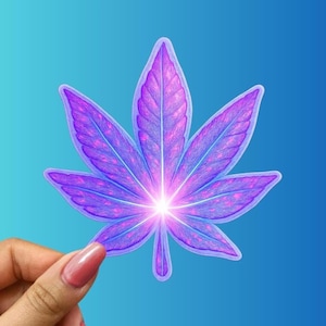 May include: A vibrant purple cannabis leaf sticker with a bright white center, held by a hand against a gradient blue background. The leaf features detailed veining and a glowing effect, creating a striking visual.