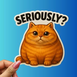 May include: A sticker featuring a cartoon orange cat with large eyes and a questioning expression. The word "SERIOUSLY?" is above the cat in bold, black letters. The sticker has a white border and is set against a gradient blue background.