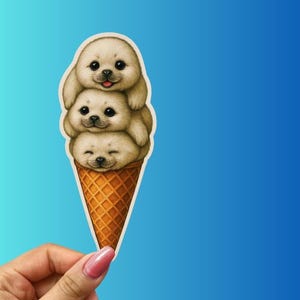 Seal Pup Ice Cream Sticker – Cute Animal Cone Vinyl Decal, Kawaii Baby Seal Trio, Adorable Water Bottle Laptop Sticker for Animal Lovers