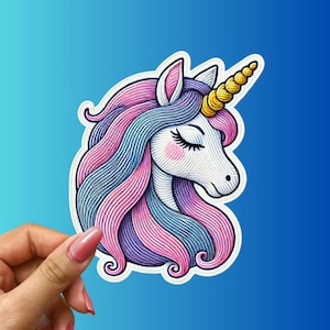 Whimsical Embroidered Unicorn Sticker with Pastel Mane for Laptops, Water Bottles, Magical Vinyl Decal, Fantasy Sticker for Unicorn Lovers