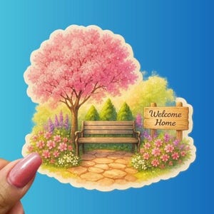 May include: A sticker featuring a park scene with a bench, a tree with pink blossoms, and a sign that reads "Welcome Home." The scene is surrounded by flowers and greenery, with a stone path.