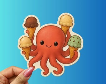 May include: A sticker featuring a cartoon octopus holding five ice cream cones. The octopus is red with a smiling face. The ice cream cones have different flavors, including chocolate, vanilla, and mint chip. The sticker is held by a hand with pink nail polish.