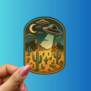 UFO Desert Scene Sticker – Retro Alien Abduction Vinyl Decal, Cactus UFO Sticker, Outer Space Aesthetic, Celestial Sci-Fi Gift