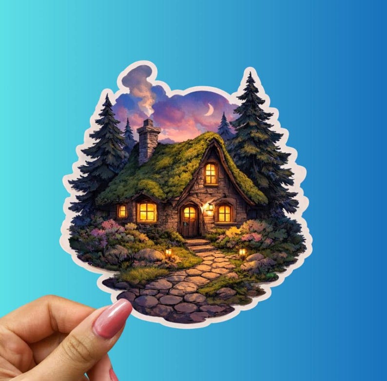 Moonlit Moss Cottage Sticker – Cozy Fairy Tale Forest Home Art Decal - Etsy