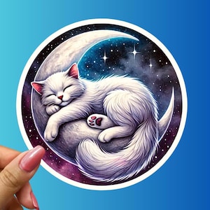 Dreamy Moon Cat Sticker | Whimsical Space Kitty Decal | Celestial Cat Lover Gift | Starry Night Aesthetic | Laptop Water Bottle Decor