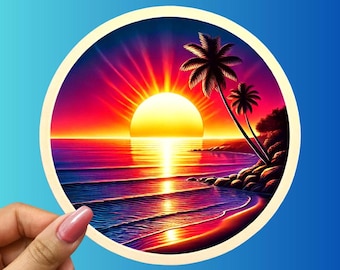 Tropical Sunset Sticker: Vibrant Beach Palm Tree Art, Water-Resistant Vinyl Decal