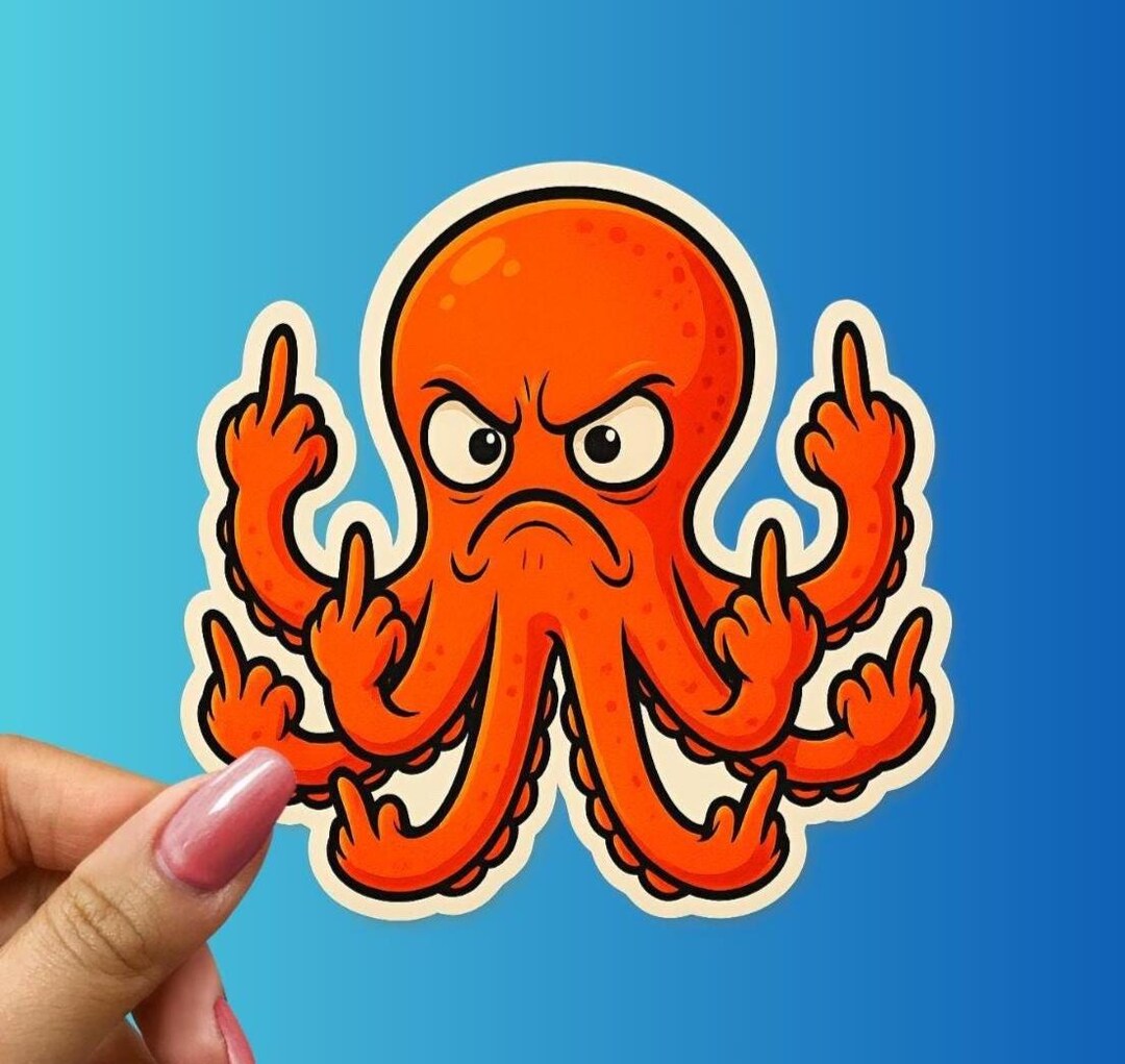 Angry Octopus Sticker: Funny Orange Sea Creature Giving Middle Fingers ...