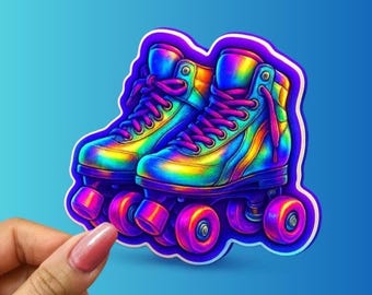 May include: A pair of colorful roller skates with a vibrant rainbow gradient design. The skates have purple laces, wheels, and a purple outline. The boots transition from blue to yellow and orange.
