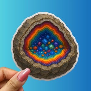 May include: A sticker featuring a geode design with a rainbow interior and gem-like shapes. The geode has a brown, textured exterior and a white border. The interior displays layers of orange, yellow, green, blue, and purple.