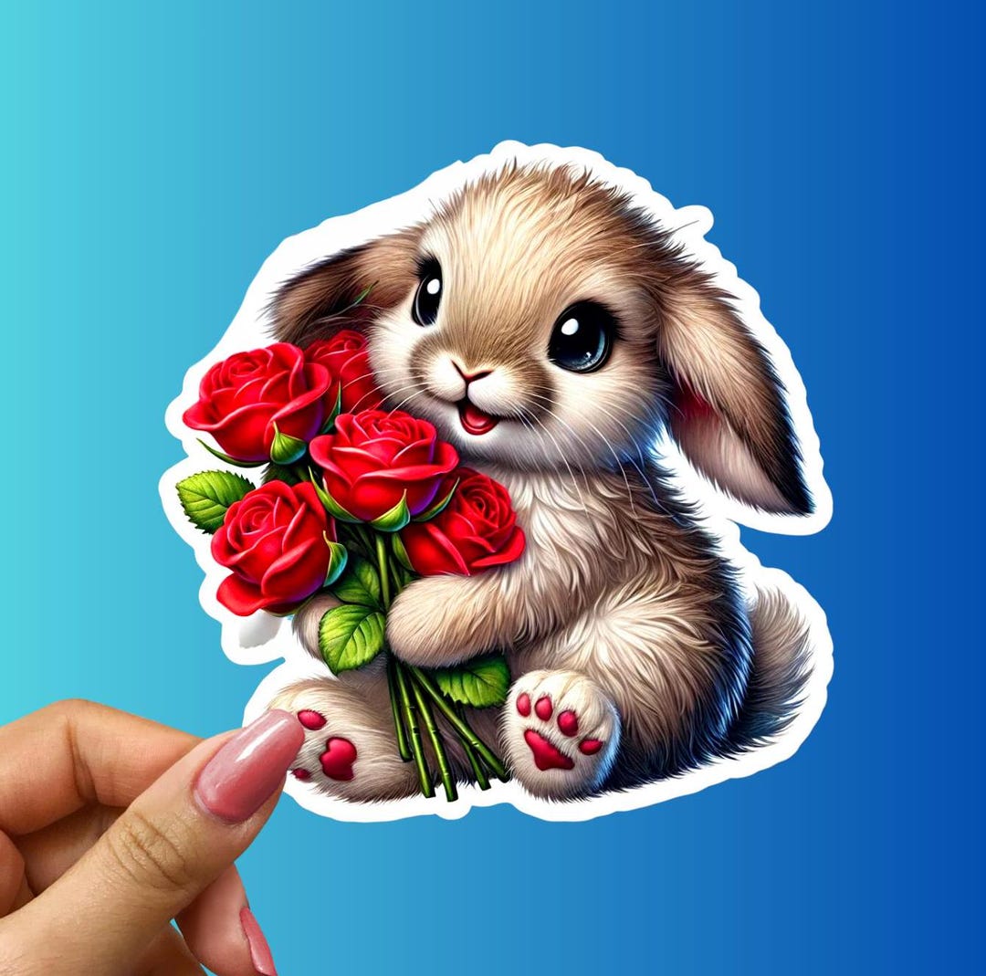 Grumpy Bunny With Roses Bunny With Roses Sticker - Water-resistant Laptop Decal - Etsy
