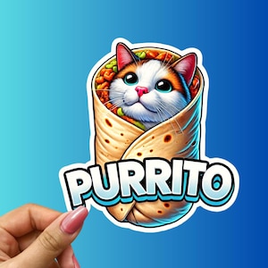 Funny Purrito Cat Sticker, Cute Burrito Cat Vinyl Decal, Adorable Foodie Cat Gift, Whimsical Pet Lover Art for Laptop or Water Bottle