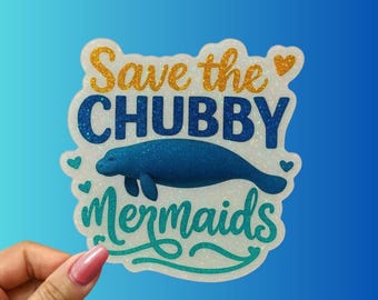 Sparkly Manatee Sticker: Funny Mermaid Ocean Animal, Laptop Decal