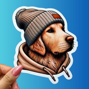 Trendy Golden Retriever Sticker - Stylish Dog in Beanie and Hoodie Vinyl Decal - Perfect for Pet Lovers, Laptops, Water Bottles, and Gifts