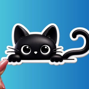 May include: A black cat sticker with a white outline, peeking over a white edge. The cat has large, round eyes, whiskers, and a curled tail. The background is a gradient of blue.